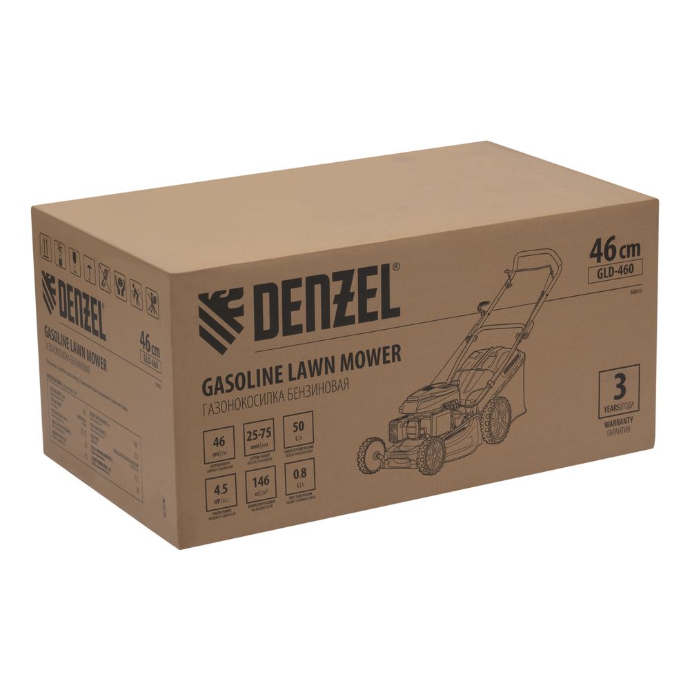 Газонокосилка бензиновая Denzel GLD-460, 146 см³, ширина 46 см, ручная, 7 уровней, травосборник 50 л