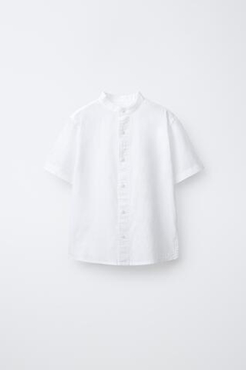 ZARA РУБАШКА С ВОРОТНИКОМ-СТОЙКОЙ ИЗ ХЛОПКА И ЛЬНА, БЕЛЫЙ