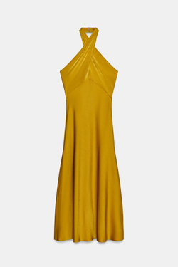 ZARA АТЛАСНОЕ ПЛАТЬЕ МИДИ ХАЛТЕР, ГОРЧИЧНЫЙ