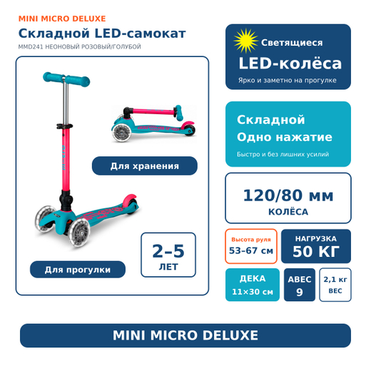 Самокат Mini Micro Deluxe складной LED, неоновый голубой/розовый