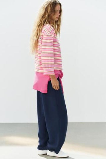 ZARA ФУТБОЛКА В ПОЛОСКУ С НАДПИСЬЮ, РОЗОВЫЙ/БЕЛЫЙ