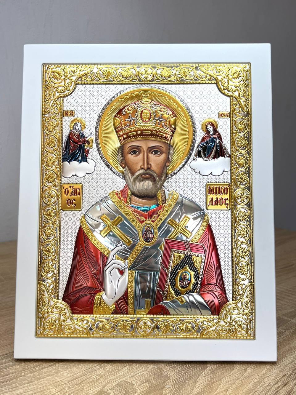 Николай Чудотворец, икона прямоугольная с рамкой, белое дерево, эмаль 150х190