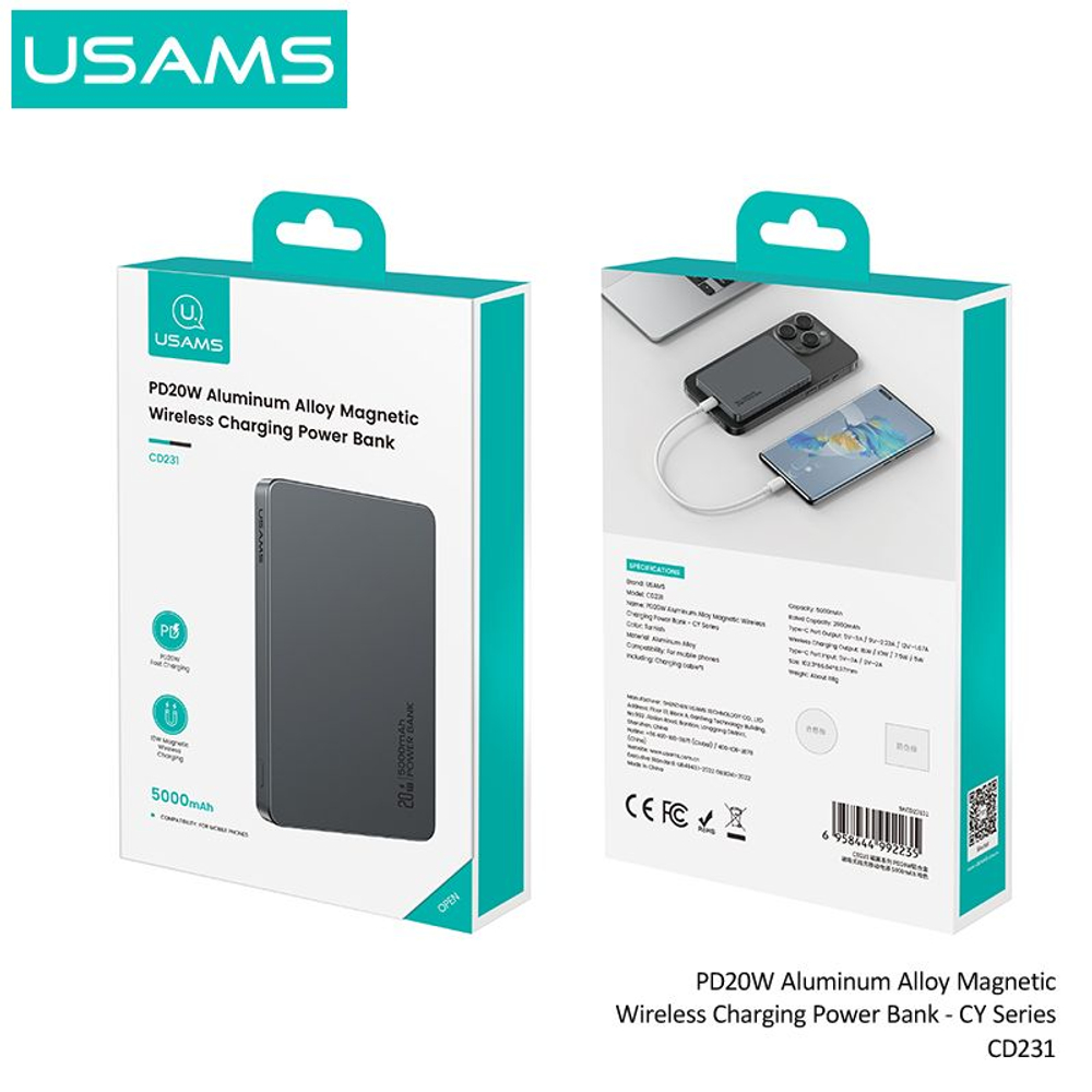 Power Bank внешний аккумулятор повербанк магнитный беспроводной MagSafe USAMS 5000 мАч 20W(cd231)