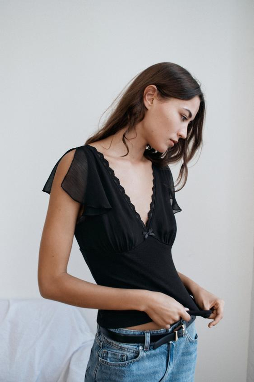 ZARA КОМБИНИРОВАННЫЙ КРУЖЕВНОЙ ТОП, ЧЕРНЫЙ