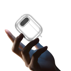 Прозрачный чехол с кнопкой черного цвета от Dux Ducis для наушников AirPods 4, серия PECL Series Case, в комплекте с карабином