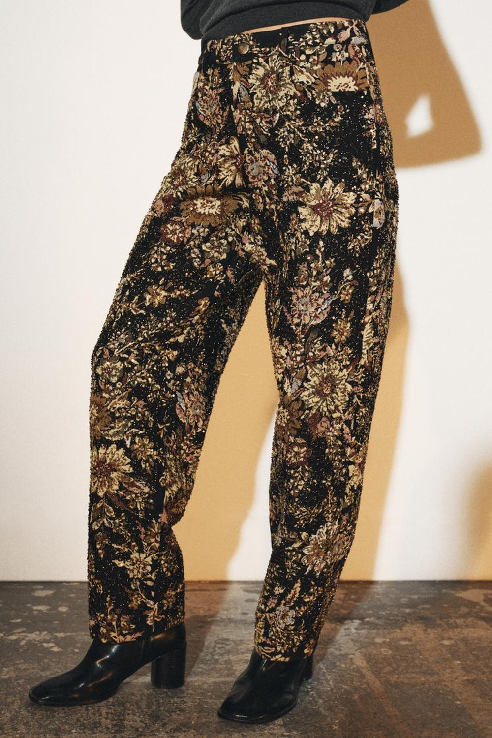 ZARA БРЮКИ С ЦВЕТАМИ И БУСИНАМИ — ZW COLLECTION, ЧЕРНЫЙ
