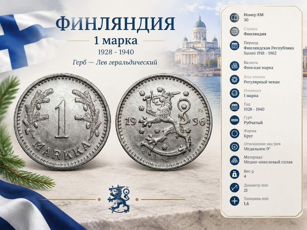 Финляндия 1 марка, 1936 Лев XF