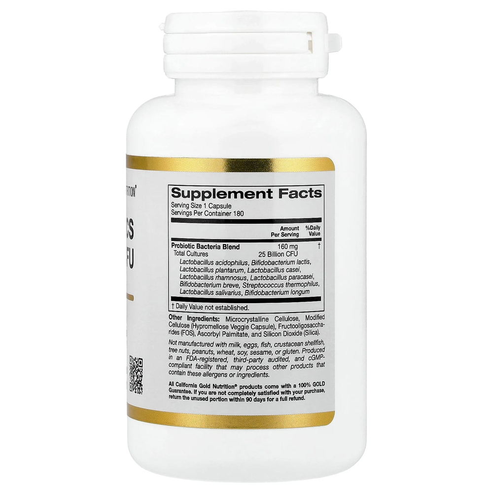 California Gold Nutrition, пробиотики с ацидофильными лактобактериями, бифидобактериями лактис, лактобактериями плантарум и лактобактериями казеи, смесь из 10 штаммов, 25 млрд КОЕ, 180 вегетарианских капсул