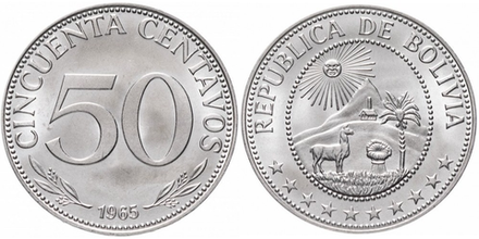 Боливия 50 сентаво, 1965 - 1980 Герб XF