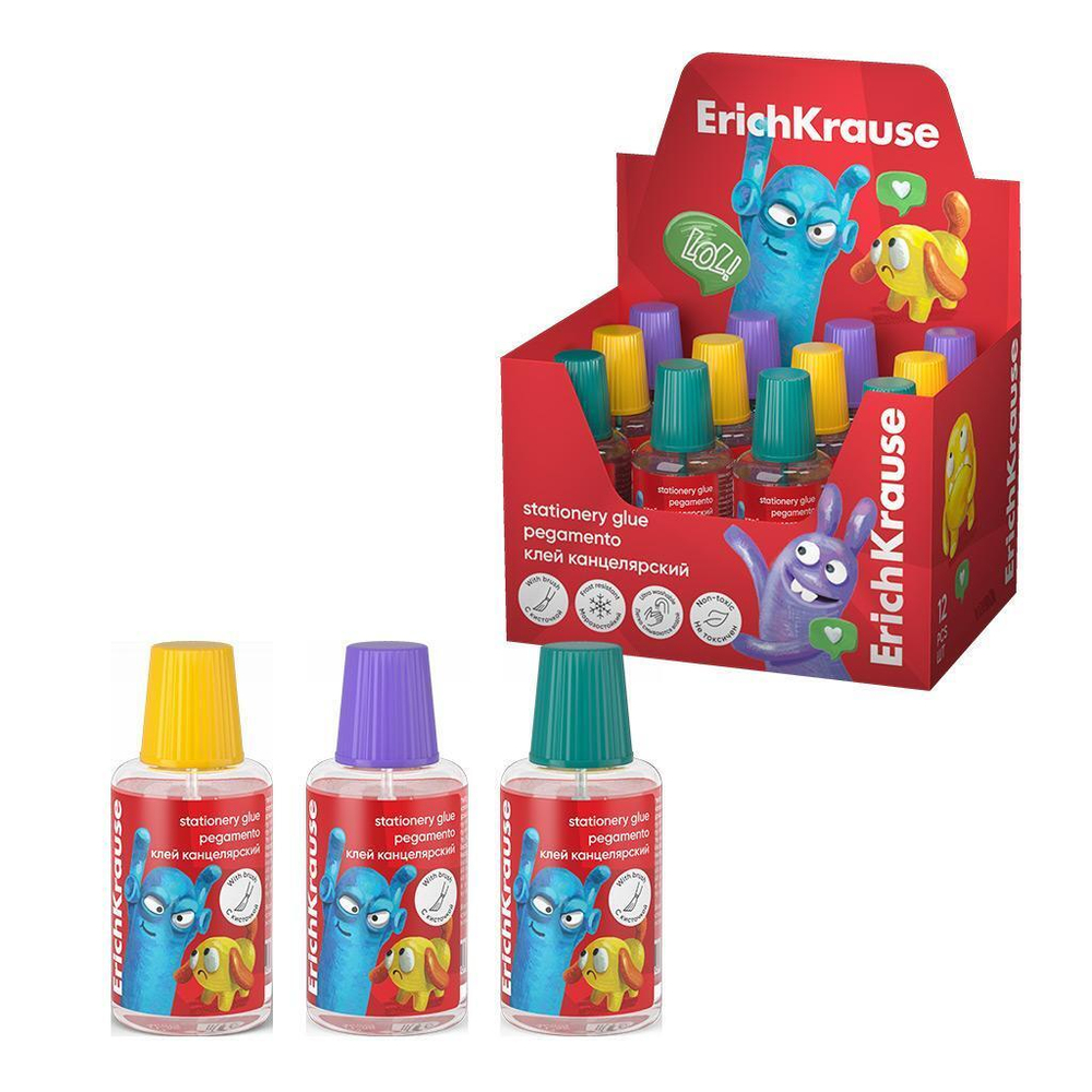 Клей канцелярский с кисточкой 20мл, ассорти "EasyStick. Jolly Friends" (ErichKrause)