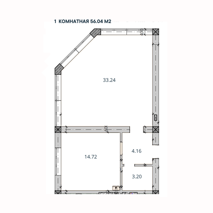 1-комн. квартира, 56,04 м²; 2,3 этажи