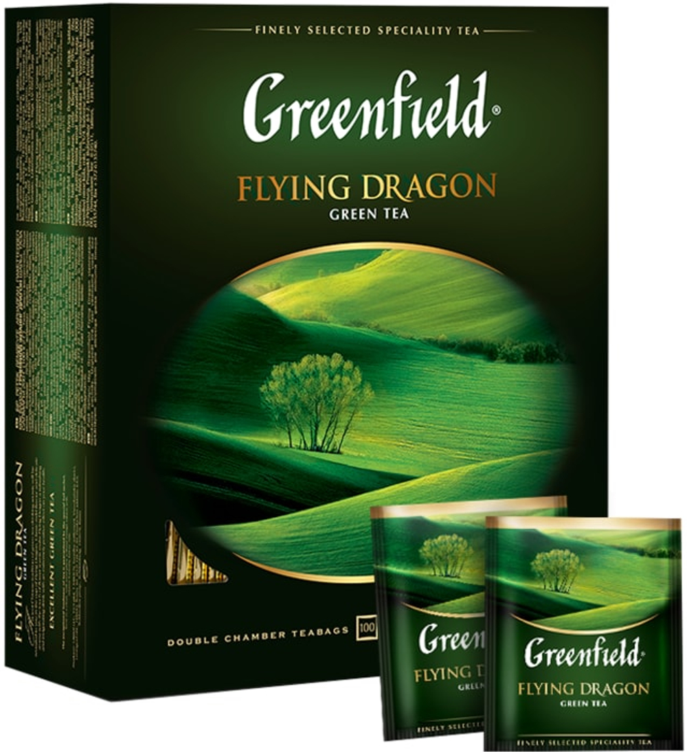 Чай GREENFIELD Гринфилд) Flying Dragon", зеленый, 100 пакетиков в конвертах по 2 г, 5855