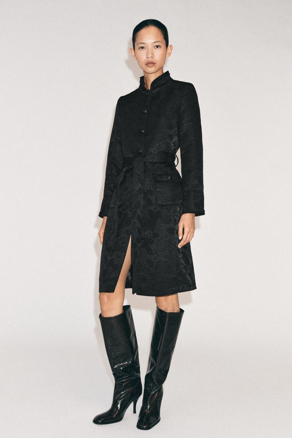 ZARA ПАЛЬТО МИДИ ИЗ ЖАККАРДА — ZW COLLECTION, ЧЕРНЫЙ