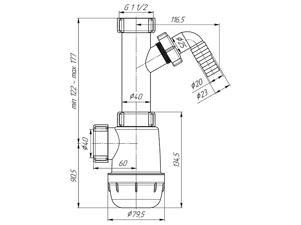 Сифон Ани Грот 1 1/2"40 с отв.стир.маш б/в [А1020]