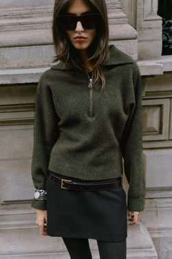 ZARA СВИТЕР ИЗ МЯГКОГО ТРИКОТАЖА НА МОЛНИИ, ТЕМНЫЙ ХАКИ