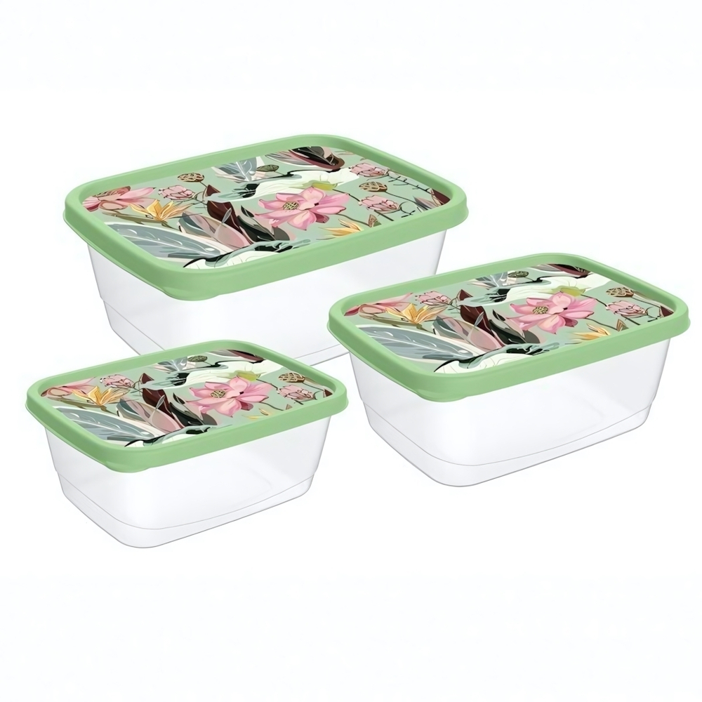 Комплект контейнеров для продуктов прямоугольных 3 шт. (0,5л+0,85л+1,5л) с декором (зеленый)