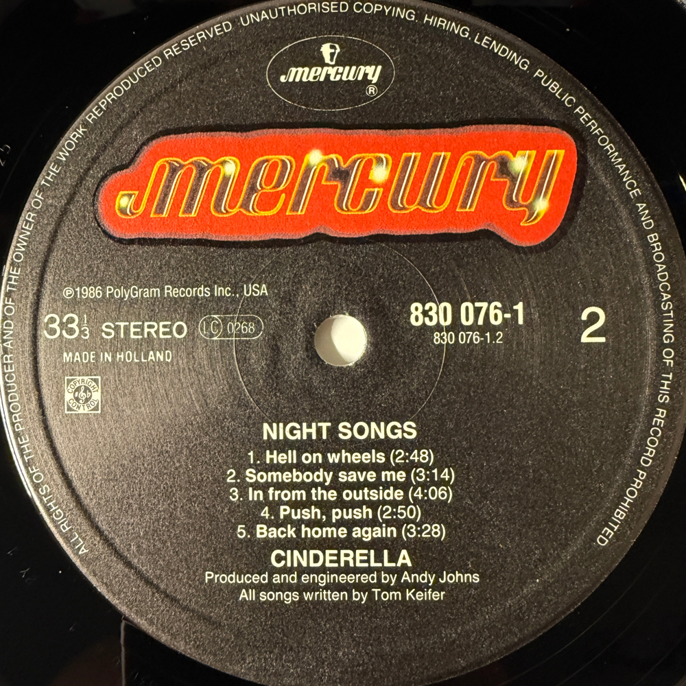 Cinderella ‎– Night Songs (Голландия 1986г.)