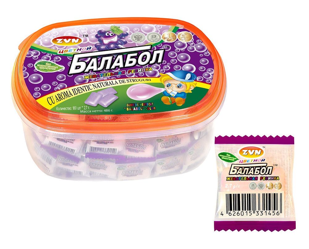 Жевательная резинка ЦВЕТНОЙ БАЛАБОЛ виноград и мята