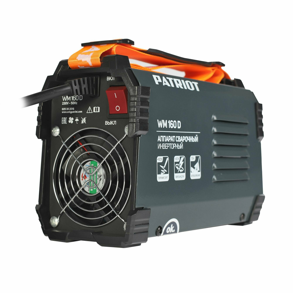 Аппарат сварочный инверторный PATRIOT WM160D MMA, входное напряжение: 1ф,140-240В(605302016)