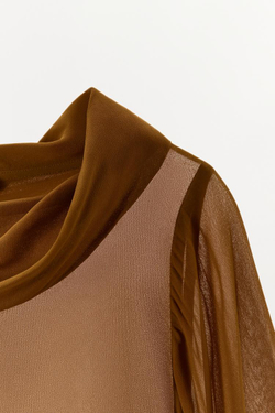 ZARA МИНИМАЛИСТИЧНАЯ БЛУЗА С СВОБОДНЫМ ВЫРЕЗОМ, СВЕТЛО-КОРИЧНЕВЫЙ