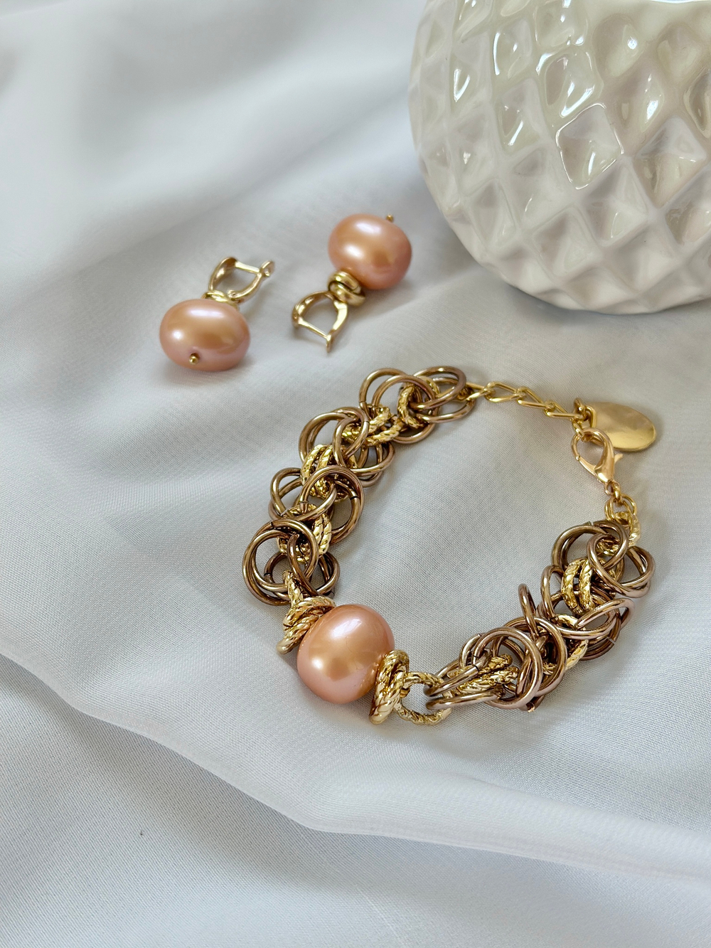 HMG 1131 peach Браслет Византия с жемчужиной 1,9 см арт.1390