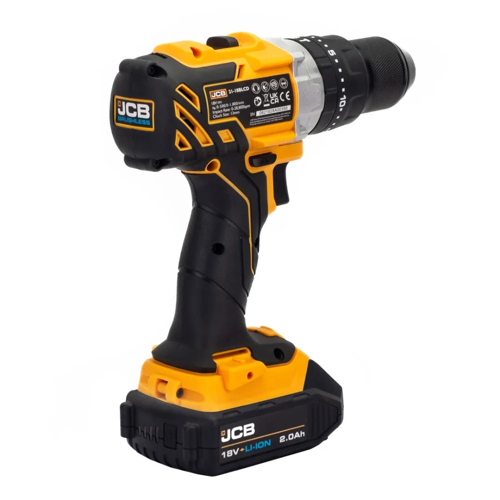 Дрель-шуруповерт аккумуляторная (JCB-BLCD-B-E) 18V, max 65Nm в комплекте с зарядным устройством (JCB-18VFC-E) 2.4A и батареей аккуму(JCB-20LI-E) 2.0AH JCB JCB-18BLCD-2XB-E