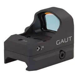 Коллиматор Gaut Tourmaline 1x24x17, открытый, точка 3 МOA красная, Weaver - вид сзади сбоку с логотипом Gaut