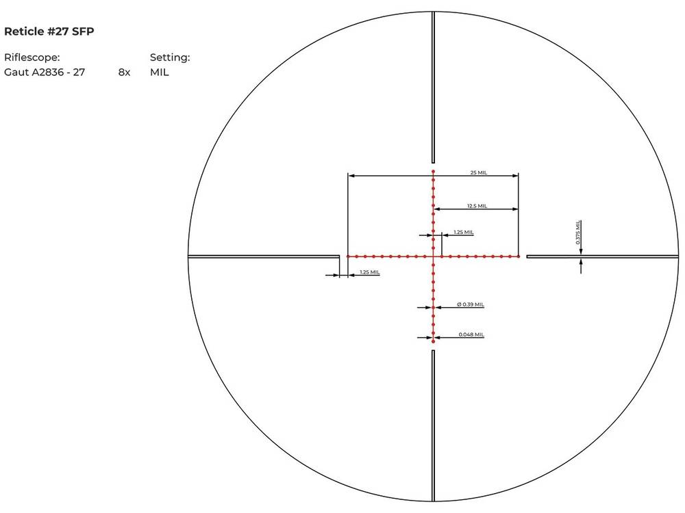 Прицел Gaut Amber 2-8x36, сетка 27 (Mil-Dot), SFP, подсветка красная, 30мм, 0.1 МIL, 1000g, IPX7, 531г - фото 3