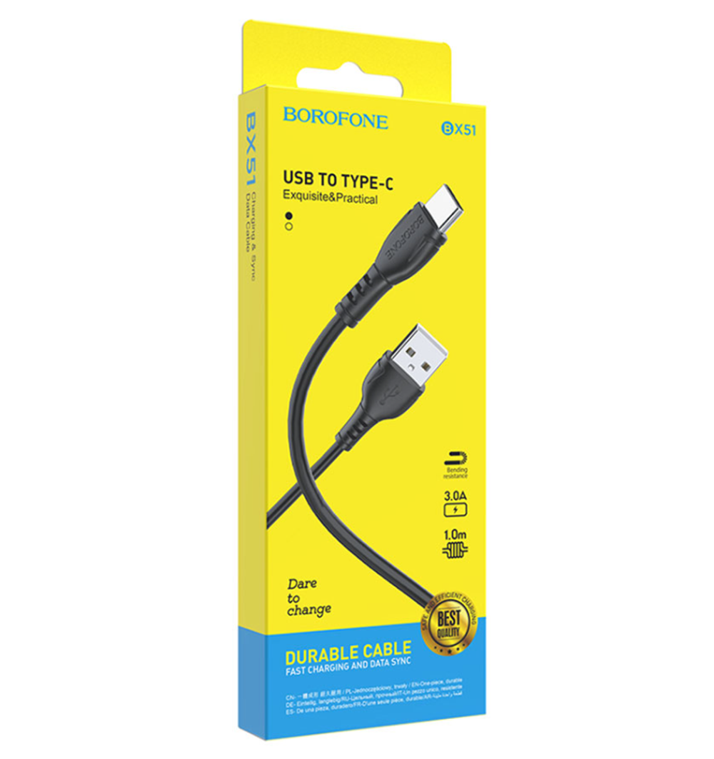 Usb Кабель-зарядка Type-C Borofone BX51 Trumph 3A 1м силиконовый черный