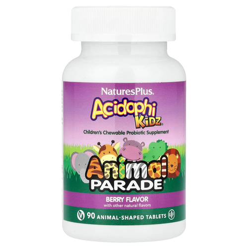 NaturesPlus, Animal Parade® AcidophiKidz®, для детей жевательный пробиотик, с ягодным вкусом, 90 таблеток в форме животных