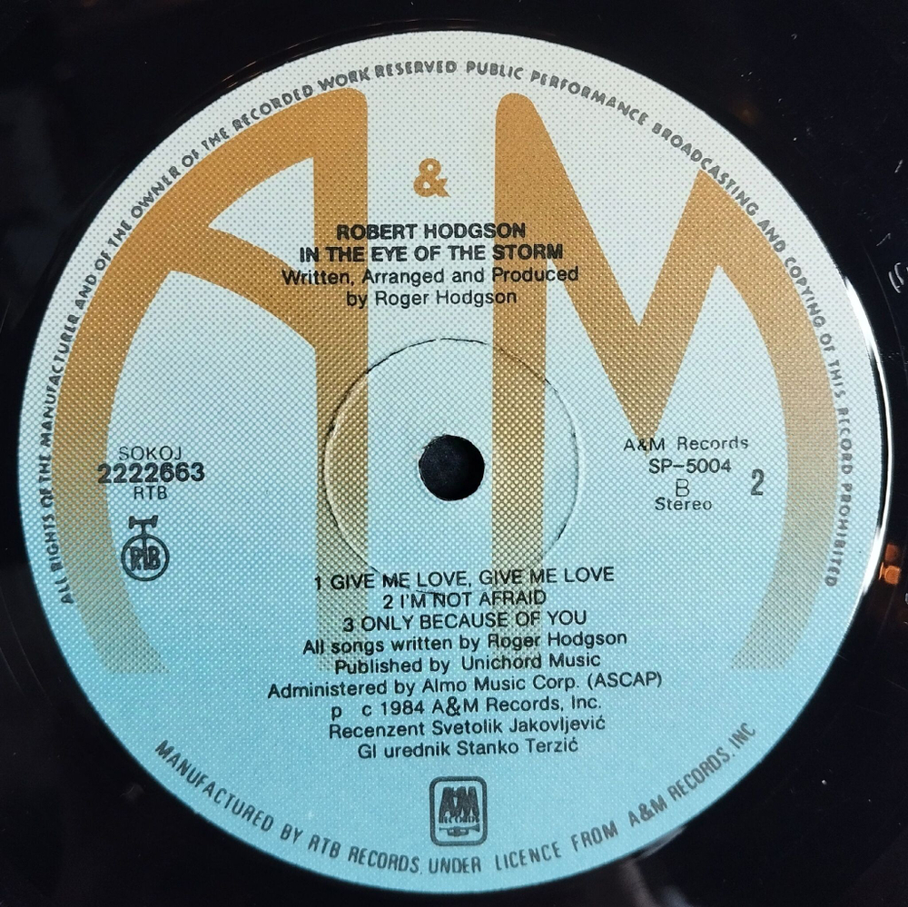 Винтажная виниловая пластинка LP Roger Hodgson In The Eye Of The Storm (Югославия 1985)