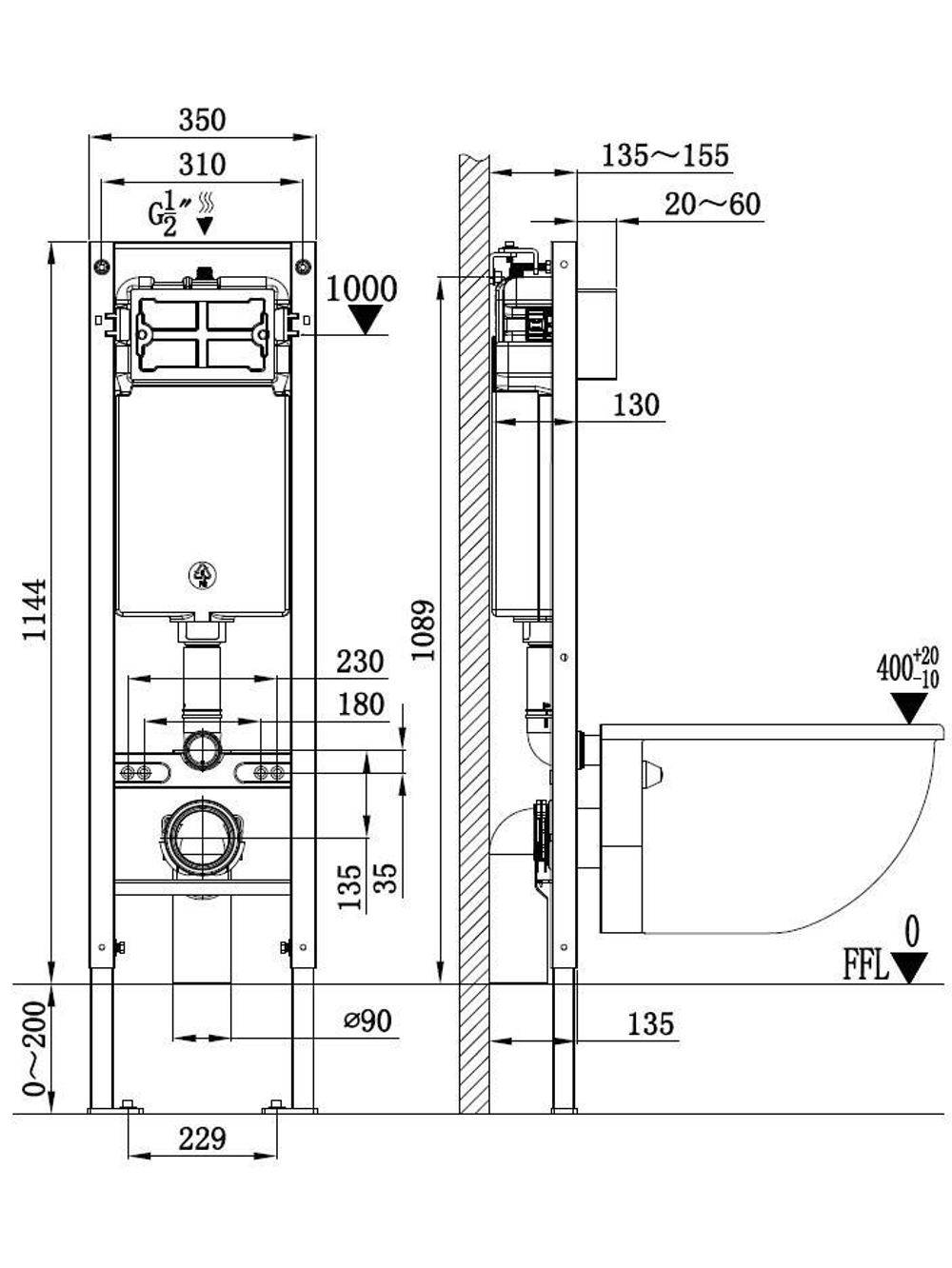 Инсталляция для подвесного унитаза без кнопки WeltWasser  WW AMBERG 350  10000010260