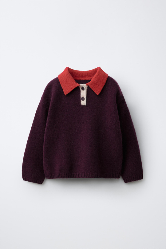 ZARA ТРИКОТАЖНОЕ ПОЛО COLORBLOCK ИЗ 100% ШЕРСТИ, БАКЛАЖАННЫЙ