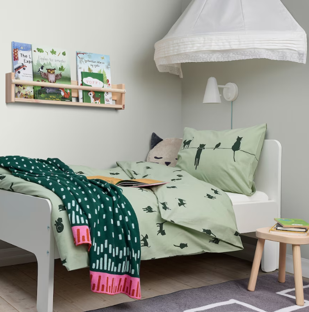 BARNDROM Пододеяльник и наволочка, кошачий узор/зеленый,150x200/50x60 cм