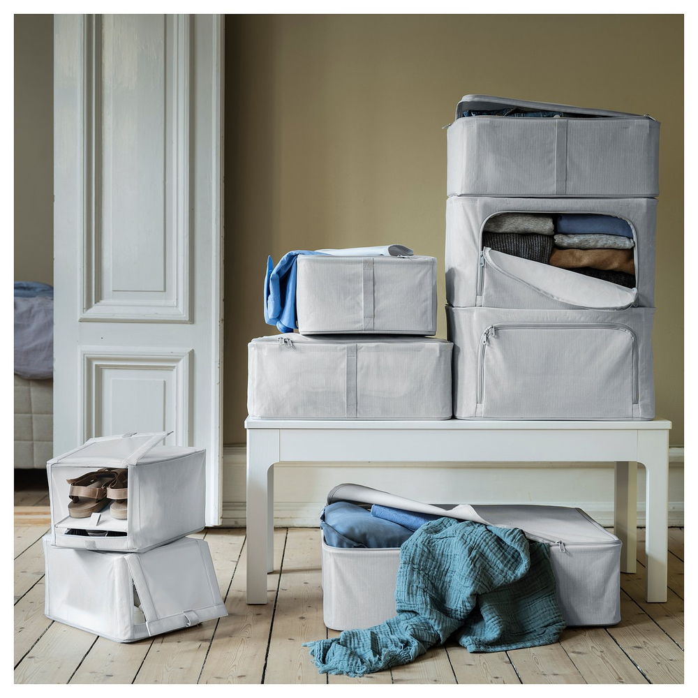 IKEA HEMMAFIXARE  (ИКЕА ХЕММАФИКСАРЕ)  -  Контейнер для одежды/белья - ткань в полоску/белый/серый 44x51x19 см