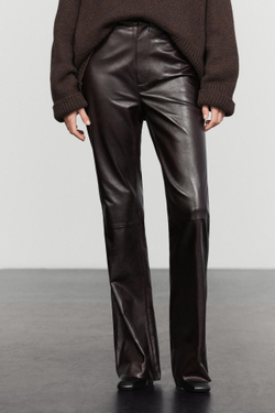 Massimo Dutti Брюки клеш с выраженными швами из кожи наппа, коричневый