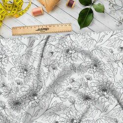 Ткань флис нарисованные георгины на белом фоне