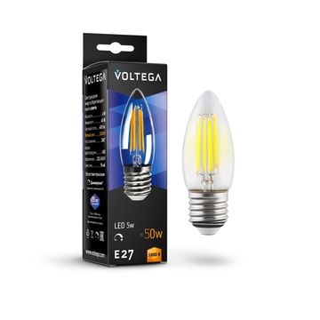 Светодиодная лампа Филамент Свеча 5Вт 3000K E27 диммир (8462) VG10-C1E27warm5W-FD прозрачная Voltega