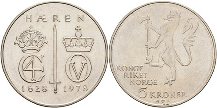 Норвегия 5 крон, 1978 350 лет норвежской армии aUNC