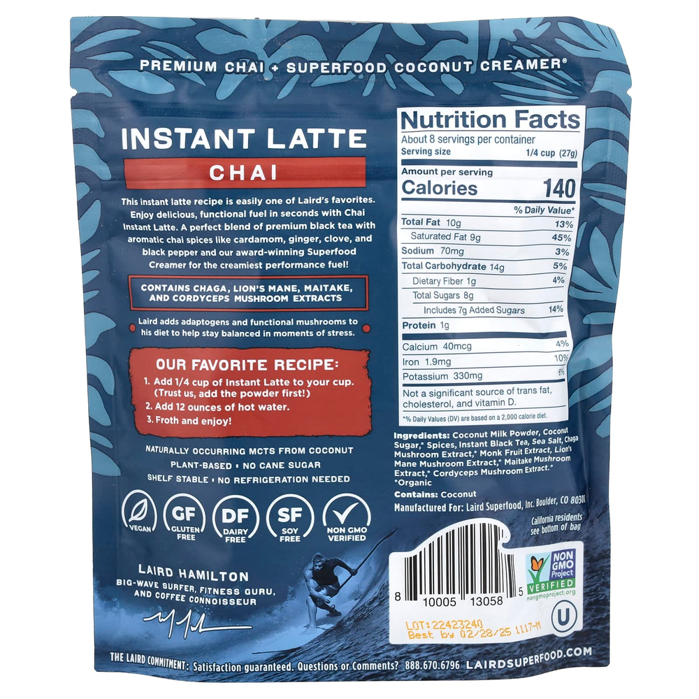 Laird Superfood, Растворимый латте, чай + сливки + адаптогены, чай, 227 г (8 унций)