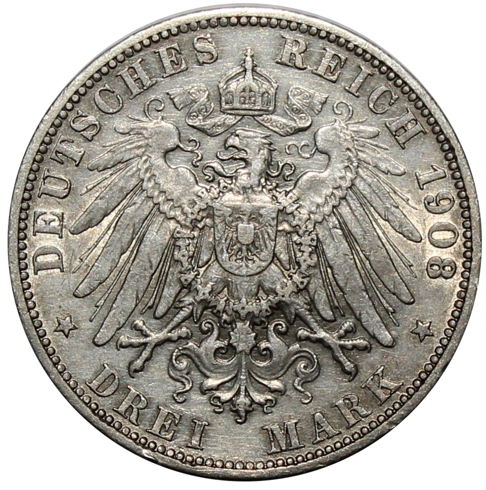 3 марки 1908 год. Вильгельм II. Германия. XF-