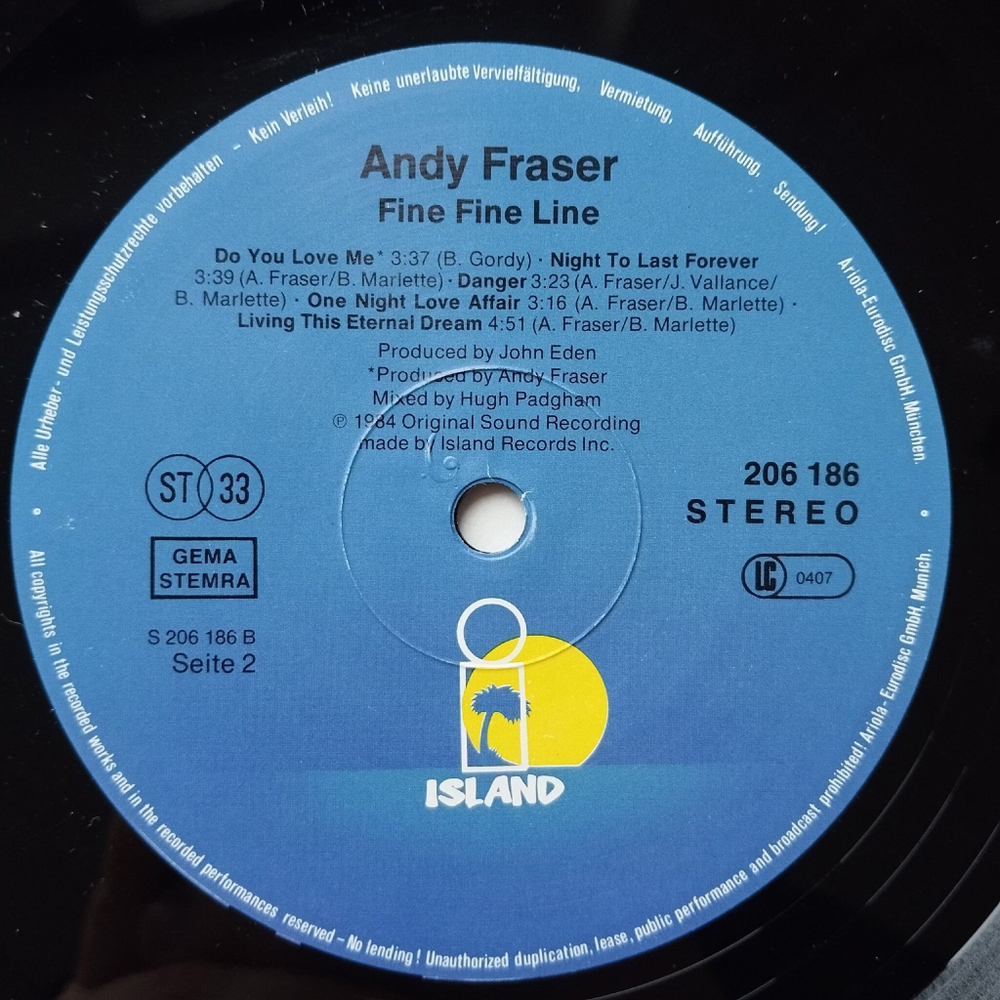 Винтажная виниловая пластинка LP Andy Fraser Fine Fine Line (Germany 1984)