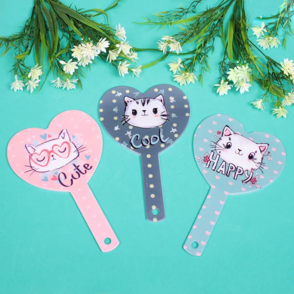 Зеркало косметическое с ручкой «Cute look - Котик Люк», сердце, 14*23,5 см (карт коробка)