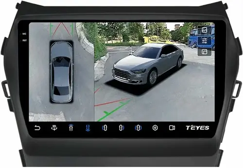 Магнитола для Hyundai Santa Fe 3 2012-2018 (отдельный экран климата, штатная КЗВ) - Teyes CC3-2K-360 монитор 9.5" 2K QLED на Android 10, Быстрая, CarPlay, 4G SIM-слот, 4 камеры в комплекте