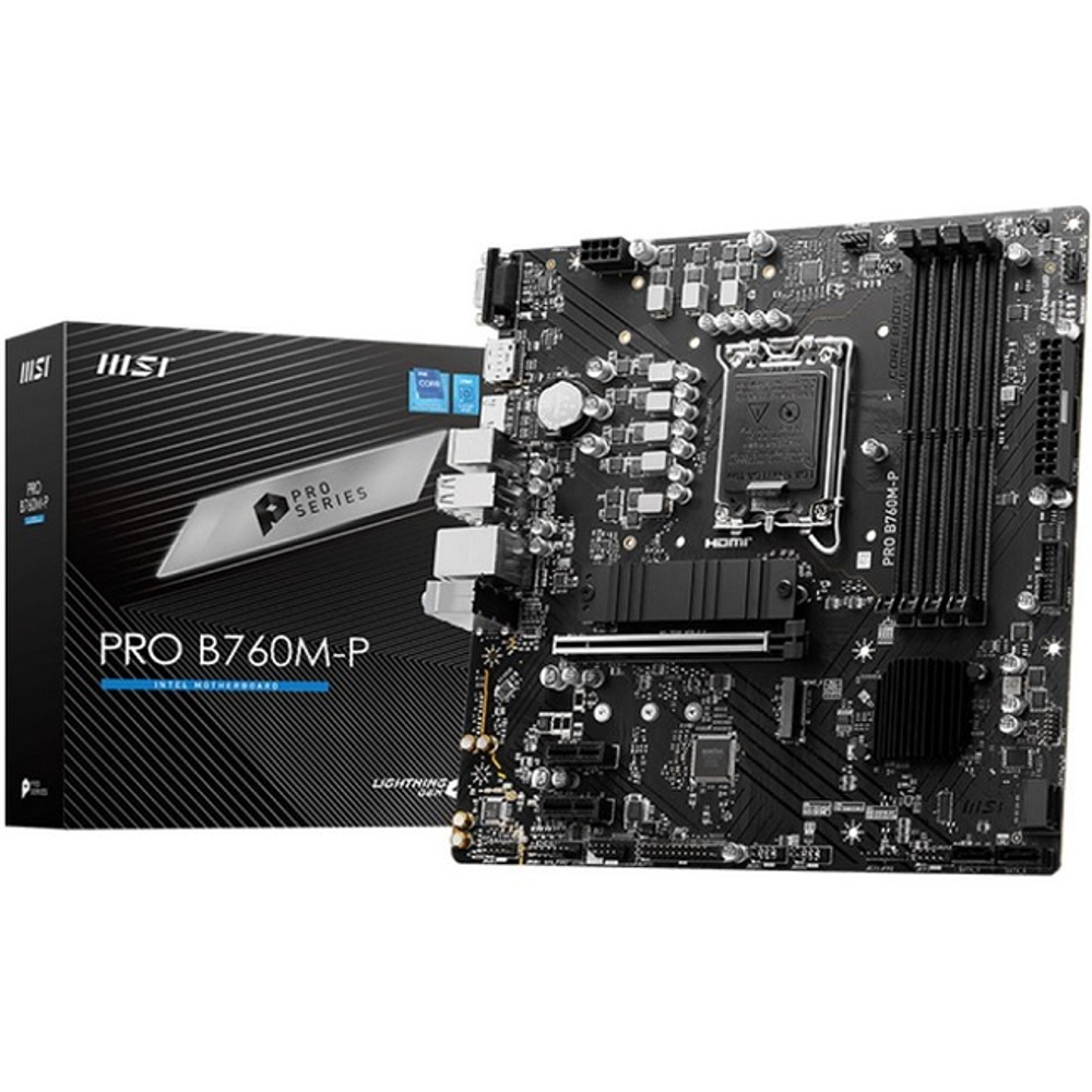 Материнская плата MSI PRO B760M-P (LGA1700/B760/4xDDR5/PCI-Ex16/2xPCI-Ex1/2xM.2/SB7.1/GLAN/DisplayPort/HDMI/VGA/mATX)