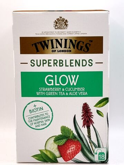Чай зеленый Twinings Superblends Glow (биотин, клубника, огурец, алоэ вера) 18 пакетиков, 36 г (из Финляндии)