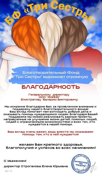 Благодарность от Фонда "Три сестры" Благодарность от Фонда "Три сестры"