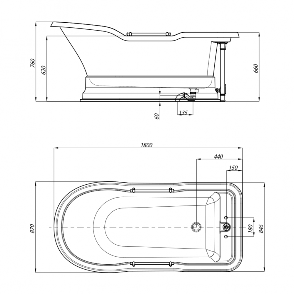 Ванна Migliore Impero Podium 25812  180x87хH76 см. белая, подиум белый хром схема
