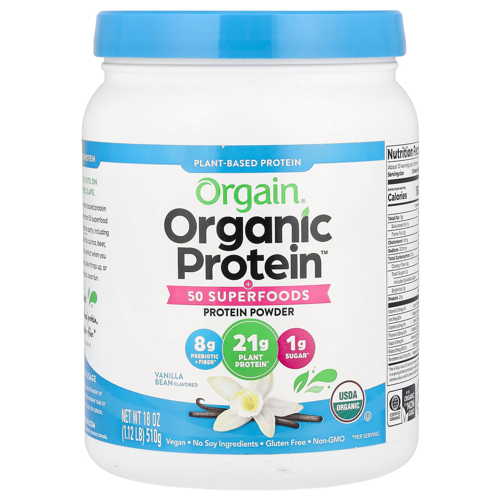 Orgain, Порошок Organic Protein ™ + 50 суперфудов, растительная ваниль, 510 г (1,12 фунта)