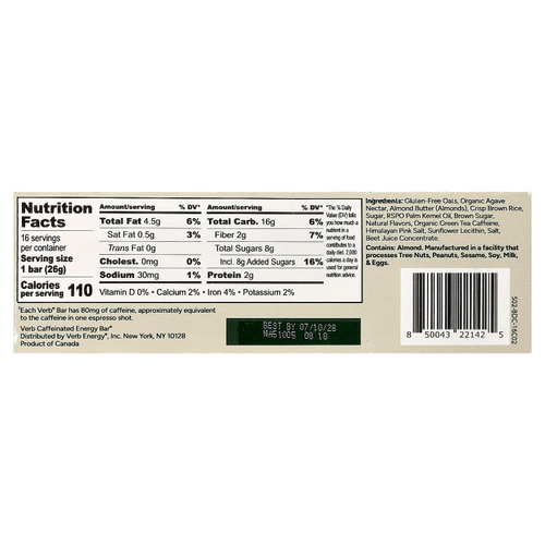 Verb Energy, Caffeinated Energy Bars, Birthday Cake, 16 Bars, 0.92 oz (26 g) Each